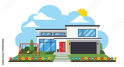Modern flat vector illustration of family-friendly modern house with kids playing and garden, showing warm residential lifestyle