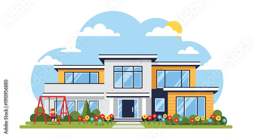 Modern flat vector illustration of family-friendly modern house with kids playing and garden, showing warm residential lifestyle