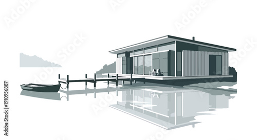 Flat vector illustration of lakeside modern house with pier and reflections, showing calm nature-inspired living concept