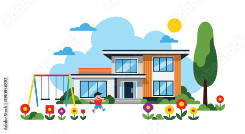 Modern flat vector illustration of family-friendly modern house with kids playing and garden, showing warm residential lifestyle