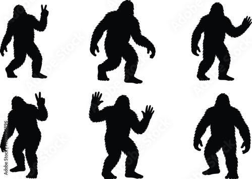 Bigfoot silhouette collection, sasquatch poses set, cryptid monster shadow illustration, black hairy creature isolated on white background vector design