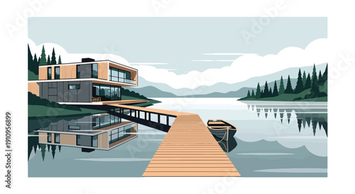 Flat vector illustration of lakeside modern house with pier and reflections, showing calm nature-inspired living concept