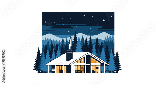 Modern flat vector illustration of mountain cabin-style house with pine forest and starry night sky, showing cozy retreat living