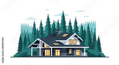 Modern flat vector illustration of mountain cabin-style house with pine forest and starry night sky, showing cozy retreat living