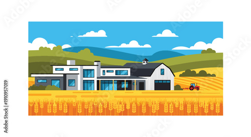 Flat vector illustration of countryside modern farmhouse with wheat fields and sunset, showing rural luxury lifestyle