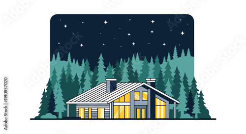 Modern flat vector illustration of mountain cabin-style house with pine forest and starry night sky, showing cozy retreat living