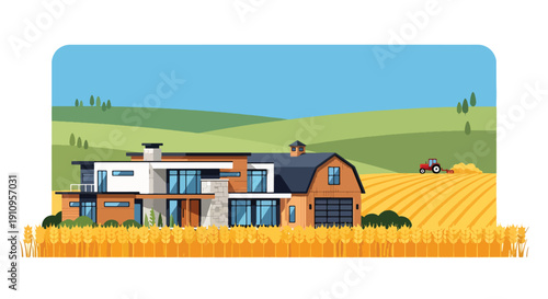 Flat vector illustration of countryside modern farmhouse with wheat fields and sunset, showing rural luxury lifestyle