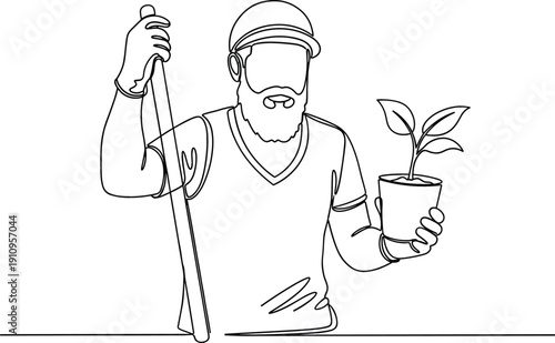 Continuous line drawing of a bearded man gardening holding a potted plant and tool for sustainable lifestyle