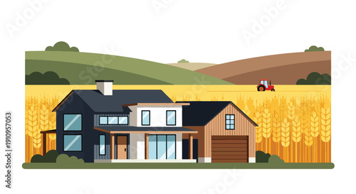 Flat vector illustration of countryside modern farmhouse with wheat fields and sunset, showing rural luxury lifestyle