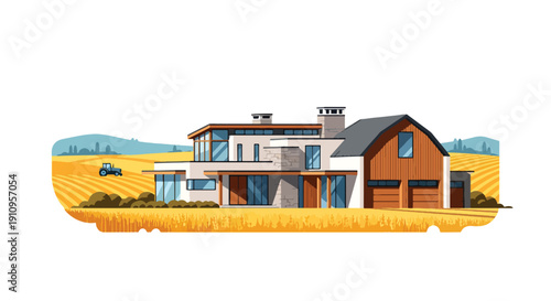 Flat vector illustration of countryside modern farmhouse with wheat fields and sunset, showing rural luxury lifestyle