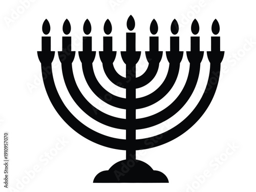 A traditional Jewish menorah with nine lit candles on a white background