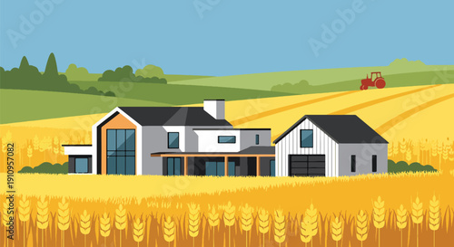 Flat vector illustration of countryside modern farmhouse with wheat fields and sunset, showing rural luxury lifestyle