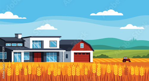 Flat vector illustration of countryside modern farmhouse with wheat fields and sunset, showing rural luxury lifestyle