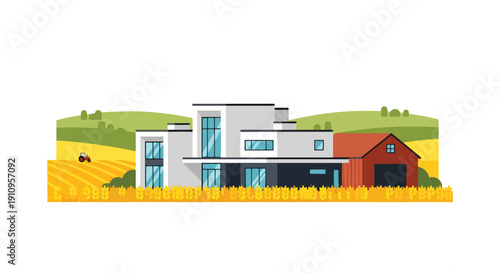 Flat vector illustration of countryside modern farmhouse with wheat fields and sunset, showing rural luxury lifestyle