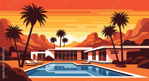 Modern flat vector illustration of desert oasis house with pool and palm trees, showing luxury retreat lifestyle