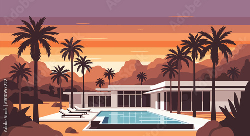 Modern flat vector illustration of desert oasis house with pool and palm trees, showing luxury retreat lifestyle