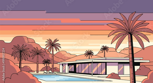 Modern flat vector illustration of desert oasis house with pool and palm trees, showing luxury retreat lifestyle