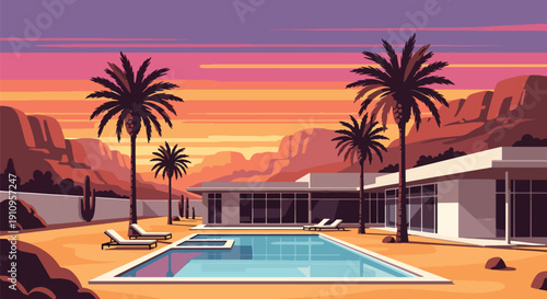 Modern flat vector illustration of desert oasis house with pool and palm trees, showing luxury retreat lifestyle