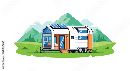 Flat vector illustration of tiny modular house with solar panels in green meadow, showing mobile eco lifestyle