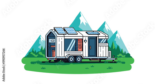 Flat vector illustration of tiny modular house with solar panels in green meadow, showing mobile eco lifestyle