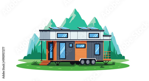 Flat vector illustration of tiny modular house with solar panels in green meadow, showing mobile eco lifestyle