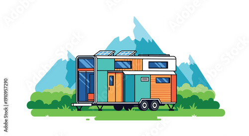 Flat vector illustration of tiny modular house with solar panels in green meadow, showing mobile eco lifestyle