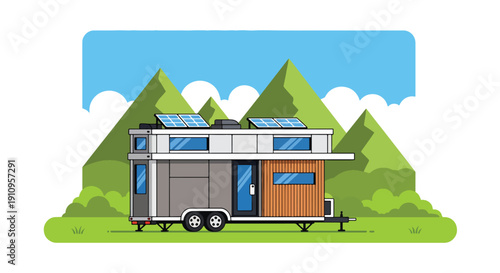 Flat vector illustration of tiny modular house with solar panels in green meadow, showing mobile eco lifestyle