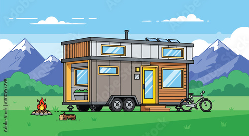 Flat vector illustration of tiny modular house with solar panels in green meadow, showing mobile eco lifestyle