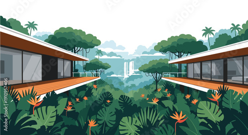 Modern flat vector illustration of rainforest house with terraces and waterfalls, showing tropical eco lifestyle