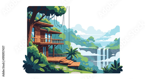 Modern flat vector illustration of rainforest house with terraces and waterfalls, showing tropical eco lifestyle