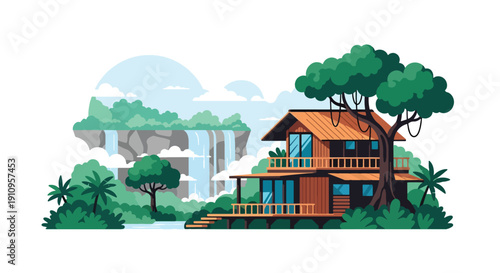 Modern flat vector illustration of rainforest house with terraces and waterfalls, showing tropical eco lifestyle