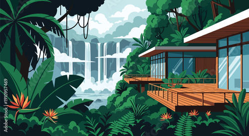 Modern flat vector illustration of rainforest house with terraces and waterfalls, showing tropical eco lifestyle