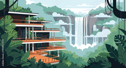 Modern flat vector illustration of rainforest house with terraces and waterfalls, showing tropical eco lifestyle