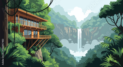 Modern flat vector illustration of rainforest house with terraces and waterfalls, showing tropical eco lifestyle