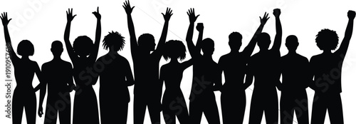 Black silhouette set of a diverse crowd of people celebrating with raised hands expressing unity joy and victory for music festivals parties and events,