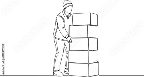 Continuous line drawing of a delivery man stacking cardboard boxes for logistics, moving services, and warehouse shipping