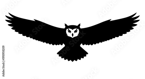 A black owl with outstretched wings flies majestically through the air with feathers spread wide open in a beautiful silhouette illustration.
