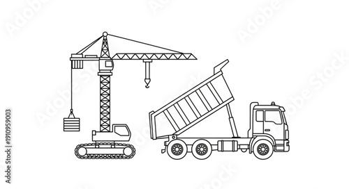 Crane and Dump Truck Illustration.