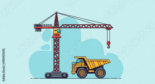 Crane and Dump Truck Illustration.