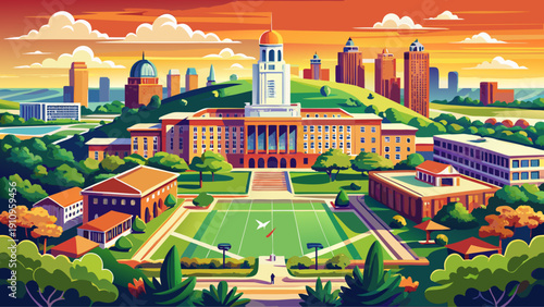 Very beautiful daytime view of the University of Texas campus in Austin, Texas, United States, showcasing expansive green lawns, academic buildings, and the vibrant atmosphere of a major American univ