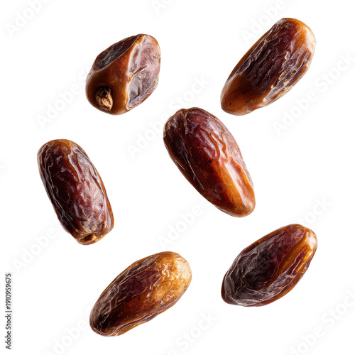 Six Whole Dates Floating Against Transparent or White Background