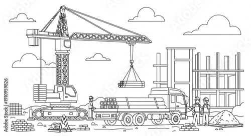 Construction Site with Crane and Building.