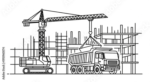 Construction Site with Crane and Trucks.
