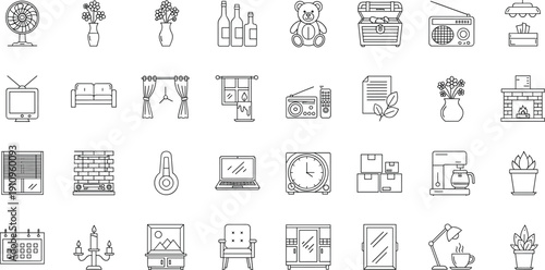 Hand Drawn Home Interior Icon Set with Furniture Electronics Decor Appliances and Household Objects Outline Vector Collection
