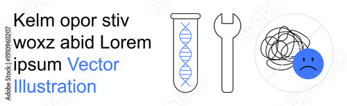 Education, technology, mental health, science, problem-solving, innovation. A test tube with DNA strands, a wrench and a sad face with tangled lines. Science and mental health
