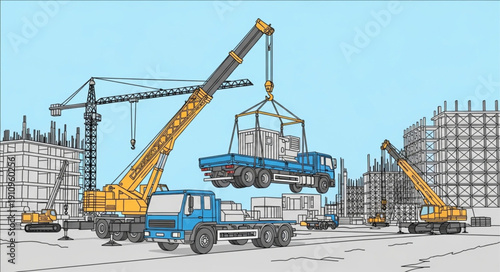 Construction Site with Cranes and Trucks.