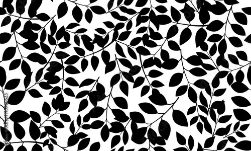Black leaves isolated on a white background. Seamless pattern under clipping mask, convenient for editing. Background for paper, cover, textile, gift wrap. Minimalist style.