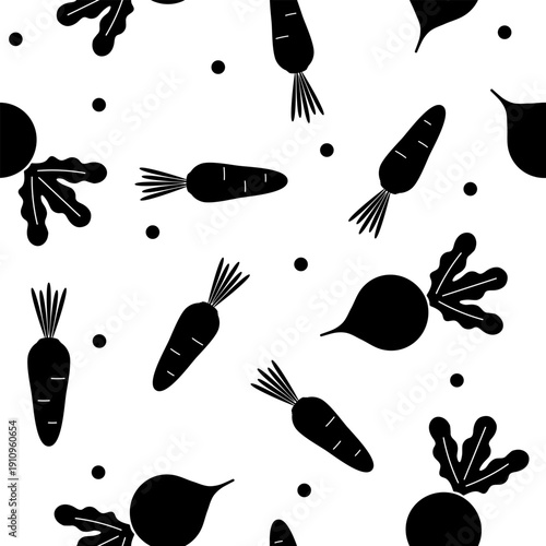Beetroot and carrot black silhouettes isolated on a white background. Seamless pattern under clipping mask, convenient for editing.  Vegetable background for paper, cover, textile, packaging.