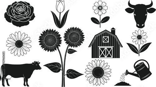 Black and white farm-themed illustration featuring flowers, barn, watering can, soil, and cows symbolizing rural life, agriculture, and cultivation