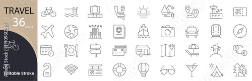 Travel icon set. Holiday and tourism related line icons: airplane, passport, luggage, map, beach, hotel, trip, camera, navigation and more. Editable stroke. 